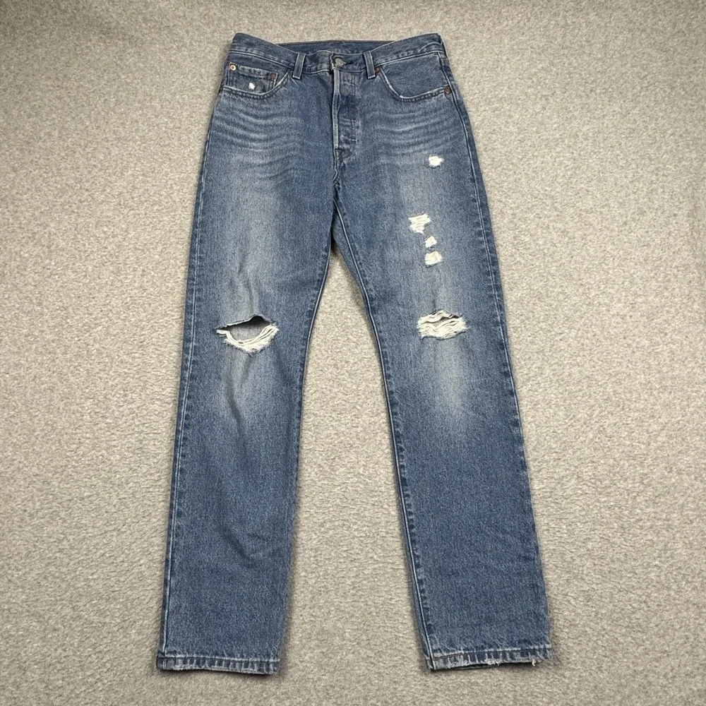 Levis 501 Button Fly‎ Jeans Mens 28x30 Straight Cotton Denim Red Tab Distressed